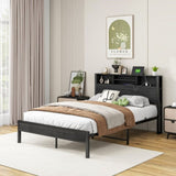 Full Size Bed Frame with Storage Headboard, Metal Platform Bed with Charging Station, Bookcase W840P241043