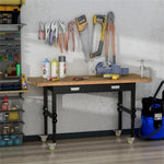 ZUN 59" Garage Work Bench with Drawer and Wheels, Height Adjustable Legs, Bamboo Tabletop Workstation 83658892