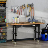 ZUN 59" Garage Work Bench with Drawer and Wheels, Height Adjustable Legs, Bamboo Tabletop Workstation 83658892