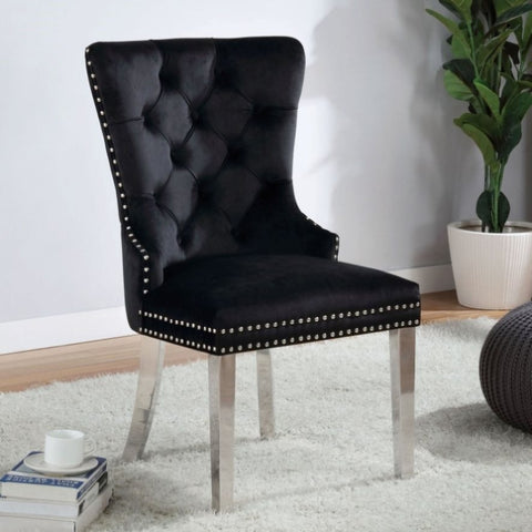 ZUN Contemporary Black Color Flannelette 2pcs Side Chairs Button-Tufted Upholstered Dining Chairs B011P208974