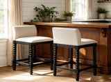Farmhouse Coastal BarStools Set of 2, Rubberwood Bobbin Legs, Linen-Like Upholstered Bar Stool with W5599P574877