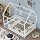 Full Size Floor Wooden Bed with House Roof Frame, Fence Guardrails,White W1858123986
