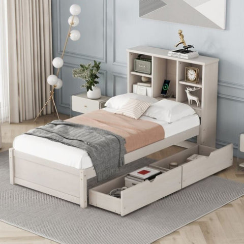 ZUN Modern Twin Size Bed Frame With Built-in USB Port on Bookcase Headboard and 2 Drawers for White W697P152022