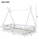 Twin Size Wood House Bed with Fence, White 28986741