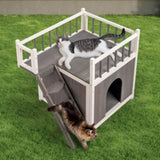 ZUN 2-Story Wooden Feral Cat House Dog House for Outdoor and Indoor, Pet House with Stairs, Grey & White 10767951