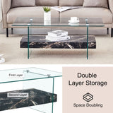 43.3 Inch Modern Two-Tier Coffee Table - An Elegant Combination of Clear Glass and Black Marble W2920P226071