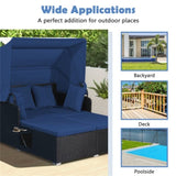 Navy Rattan Daybed Lounge W/ Retractable Top Canopy Side Tables Cushions 50299606