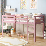 Solid Wooden, Rubber Wooden Twin Loft Bed with Ladder, Bed Platform of Strengthened Slats, Pink W504P190960