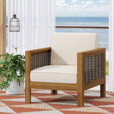Outdoor Acacia Wood Club Chair with Wicker Accents, Teak Finish Mixed Brown Beige, 30.25"D x 68942.00BGE