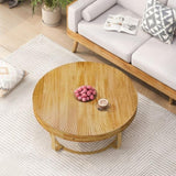 ZUN Modern round coffee table Wooden carving pattern coffee table with metal legs for living room W757P186929
