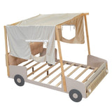 Wood Full Size Car Bed with Pillow, Ceiling Cloth and LED, Natural WF309289AAM