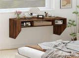 Rustic Brown Wall-Mounted Floating Computer Desk with 3-Cube Storage, Sturdy Wooden Workstation for 55825047