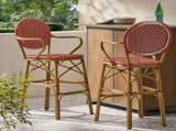 Outdoor Wicker and Aluminum 29.5" French Barstools, Set of 2, Red, Bamboo Print Finish 72605.00RD