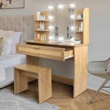 ZUN Vanity Desk Set Stool & Dressing Table with LED Lighting Mirror Drawer and Compartments Modern Wood W1673123627