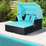 Turquoise Rattan Daybed Lounge W/ Retractable Top Canopy Side Tables Cushions 15499878