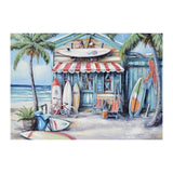 Blue Beach House Surfboard Coconut Tree Ocean Wall Art - Coastal Tropical Landscape Mural Print W3374P322225