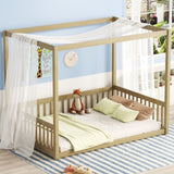 Full Size Canopy Frame Floor Bed with Fence, Guardrails,Natural W504P143283