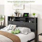 Full Size Bed Frame with Storage Headboard, Metal Platform Bed with Charging Station, Bookcase W840P241043