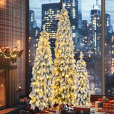 ZUN 8FT, 6FT, 4FT Pre-Lit Pencil Christmas Trees, 3-set Slim Artificial Christmas Tree With Snow 38709382