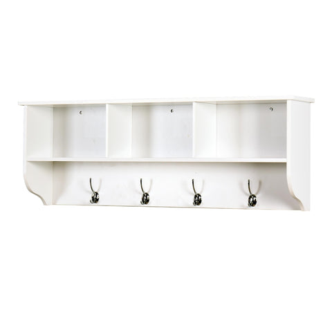 ZUN White Entryway Wall Mounted Coat Rack with 4 Dual Hooks Living Room Wooden Storage Shelf 30412851