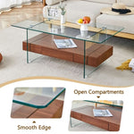 ZUN 43.3 Inch Modern Two-Tier Coffee Table - Clear Tempered Glass and Dark Wood Grain, Multifunctional W1151P232626