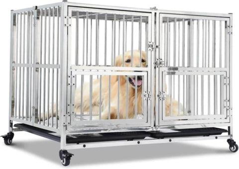 ZUN Large Dog Crate 42 inch, High Anxiety Indestructible Stainless Steel Dog Kennel with Lockable 63578980