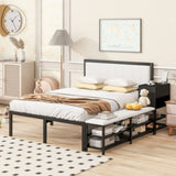Full size Metal Platform Bed with Two-Tier Storage Shelves, Wooden Storage Cabinet, Black N737P199334B
