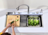 Pull-out Faucet Single Bowl Sink Kitchen Vegetable Sink 304 30"x18" Whale Waterfall Sink Stainless 69820367