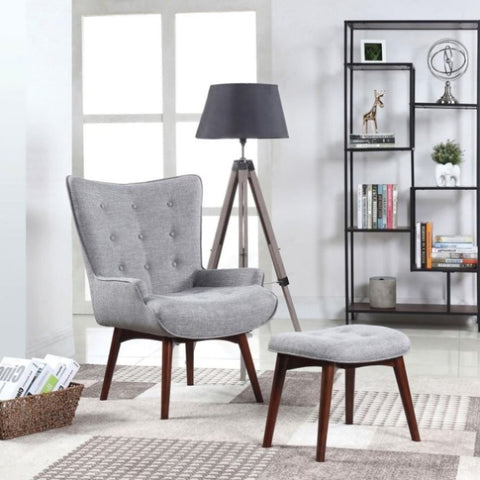 ZUN Grey and Brown Tufted Accent Chair with Ottoman B062P153762