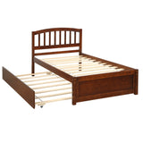 Twin size Platform Bed Wood Bed Frame with Trundle, Walnut WF194302AAD