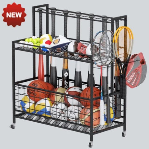 ZUN Sports Equipment Organizer, Basketball Storage Rack, Sports Organizer Cart with Basket and Hooks（No 71895222