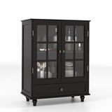 Minimalist Black Buffet Cabinet with Double Glass Doors and Drawer, Modern Wooden Storage Sideboard W2557P307942