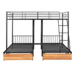 ZUN Full Over Twin & Twin Bunk Bed, Metal Triple Bunk Bed with Drawers and Guardrails, Black 03152856