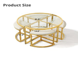 Modern Round Coffee Table Set with 4 Nesting Stools, Tempered Glass Top & Gold Metal Frame, Space N735P525144K
