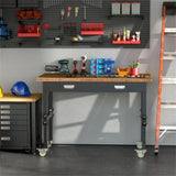 ZUN 47" Garage Work Bench with Drawer and Wheels, Height Adjustable Legs, Bamboo Tabletop Workstation 55699608