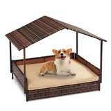 ZUN Wicker Dog House, Elevated Rattan Dog Bed with Canopy and Washable Cushion Cover, Indoor Outdoor 45848944