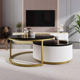 Modern Round Nesting Coffee Table Fluted with Drawer in Black & Gold in 27.6" N735P254992B