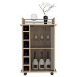 ZUN Dukat Bar Cart,Two Shelves, Six Built-in Wine Rack, Four Casters -Light Oak B20091848