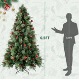 ZUN 6.5ft Pre-Lit Artificial Flocked Christmas Tree with 350 LED Lights&1200 Branch Tips,Pine Cones& 65055005