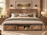 Queen Bed Frame with Upholstered Headboard Wood Platform,Storage Headboard with Charging Station W636P566604