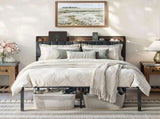 Queen Bed Frame with Charging Station and Storage Headboard, 18 Inch High Metal Platform Bed with PU W1820P532212