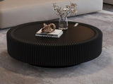 Black Round Fluted Coffee Table with Tempered Glass Top, PU Leather Body , Baked Enamel Metal Base & W3081P428980
