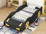 Twin Size Race Car-Shaped Platform Bed with Wheels and Storage, BlackYellow WF305759AAB