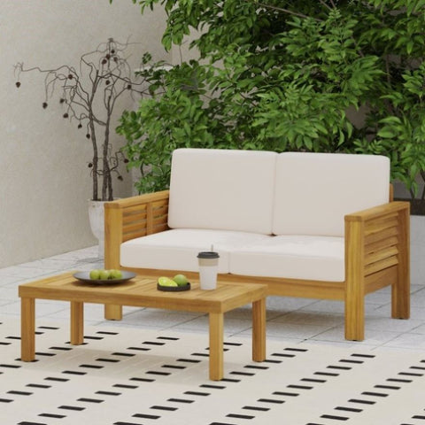 ZUN Teak Acacia Wood Loveseat and Coffee Table Set with Cream Cushions 70844.00