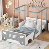 ZUN Twin Size Car-shaped Bed with Roof,Wooden Twin Floor Bed with wheels and door Design,Montessori W504140564