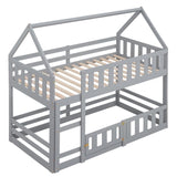Twin over Twin House Bunk Bed with Fence and Door, Gray WF313047AAE