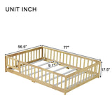 Full Size Floor Bed with Fence and Door,Rubber Wood Floor Bed with Safety Guardrails,Natural W504P296787
