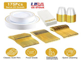 175Pcs Disposable Gold Dinnerware Set Gold Rim Plastic Plates Cups Fork Spoon Knife Paper Napkins 80206586