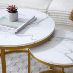 ZUN Set 2 Coffee Table Nesting White and gray top Golden Frame Circular Round and Marble Pattern Wooden W1117P216803