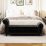 64.5" Bed Bench for Bed Room Nails Tufted Chaise of Lounge with Storage Velvet Upholstery Black W1097P202877